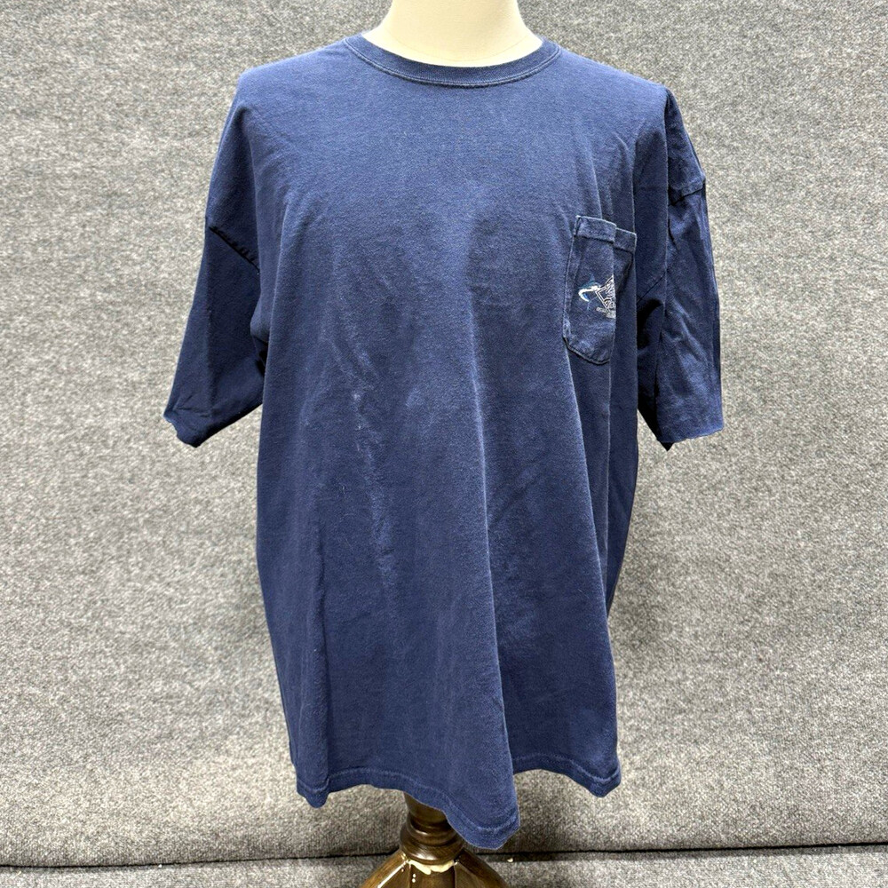 Vintage Grand Slam Tackle Marine Center T Shirt Blue Fishing Marlin Pocket Tee